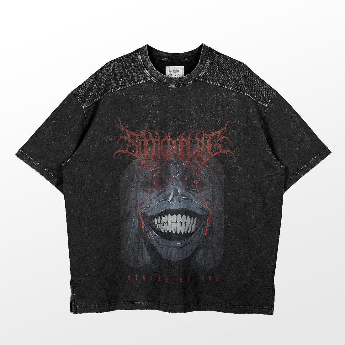 The Solo Leveling Statue of God T-Shirt features a dark anime design with a stylized face, sharp teeth, and intricate lettering. The phrase &quot;Statue of God&quot; is displayed at the bottom, giving the shirt a textured, worn look.