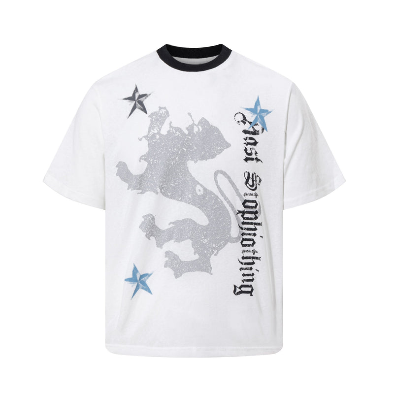 White oversized graphic tee with black collar, gothic lion print, blue stars, and distressed vertical text design