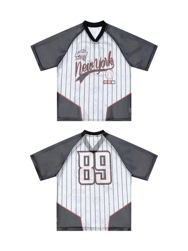 Black and white pinstripe mesh jersey T-shirt with New York graphic and number 89 on front and back