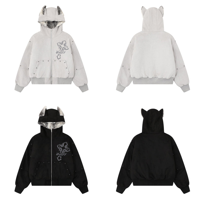 Furry-Ear Zip Hoodie Jacket | Streetwear Puffer with Rivets