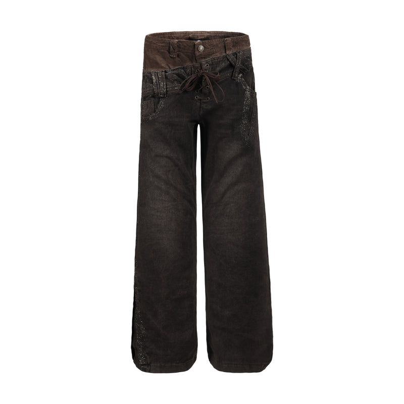 Front view of dark brown lace-up wide-leg jeans with layered waistband and glitter details