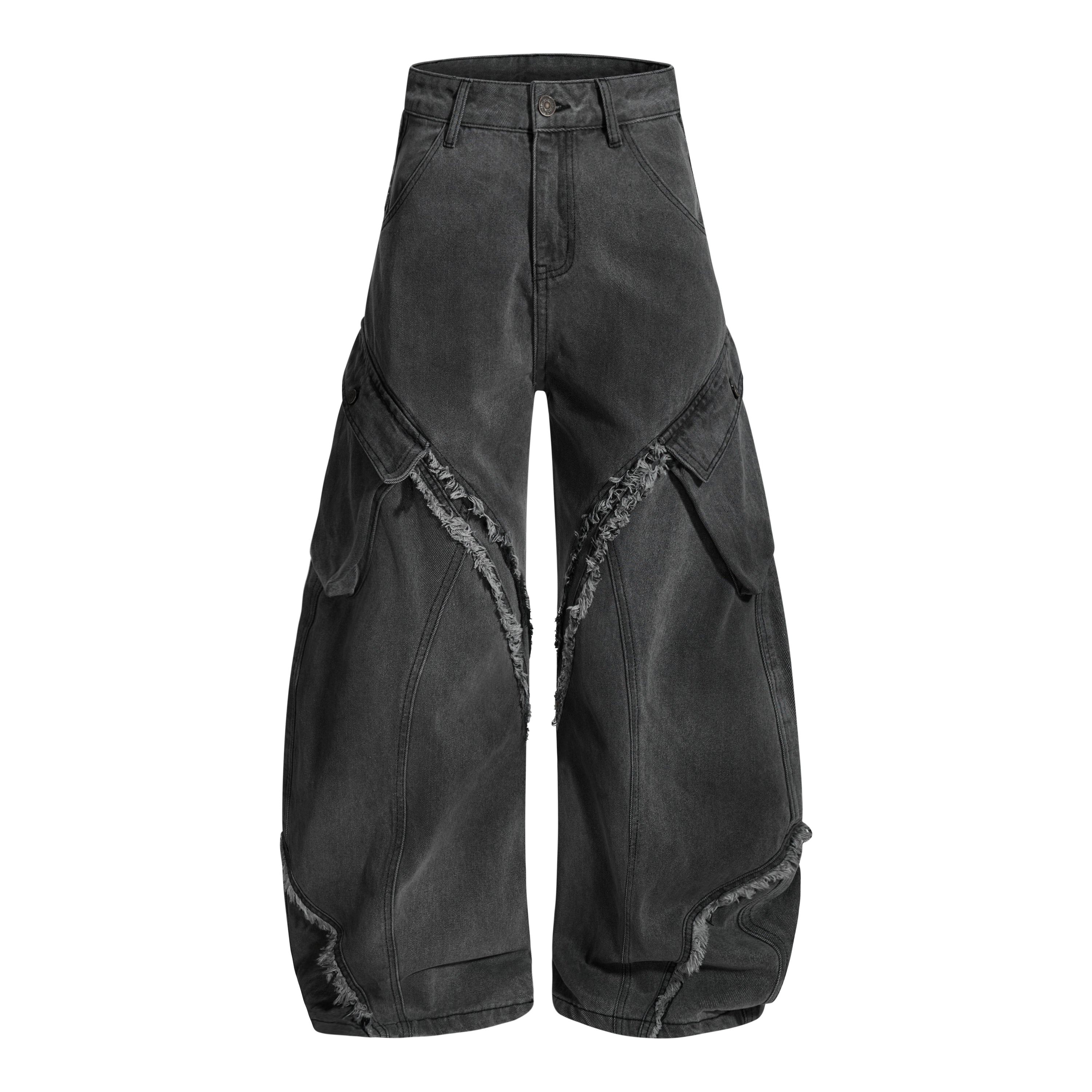Omirad Washed Frayed Curved Cargo Jeans | Wide-Leg