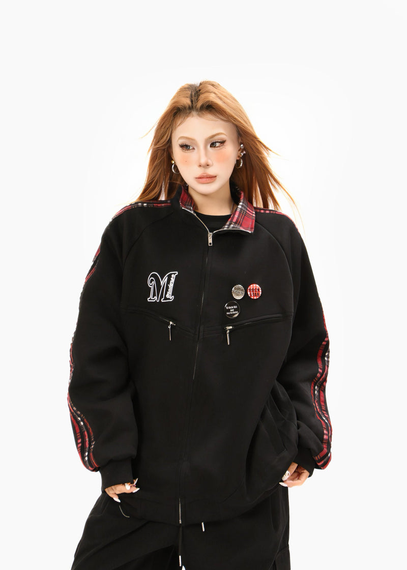 Omirad Plaid-Trim Track Jacket with Embroidered Logo & Pins