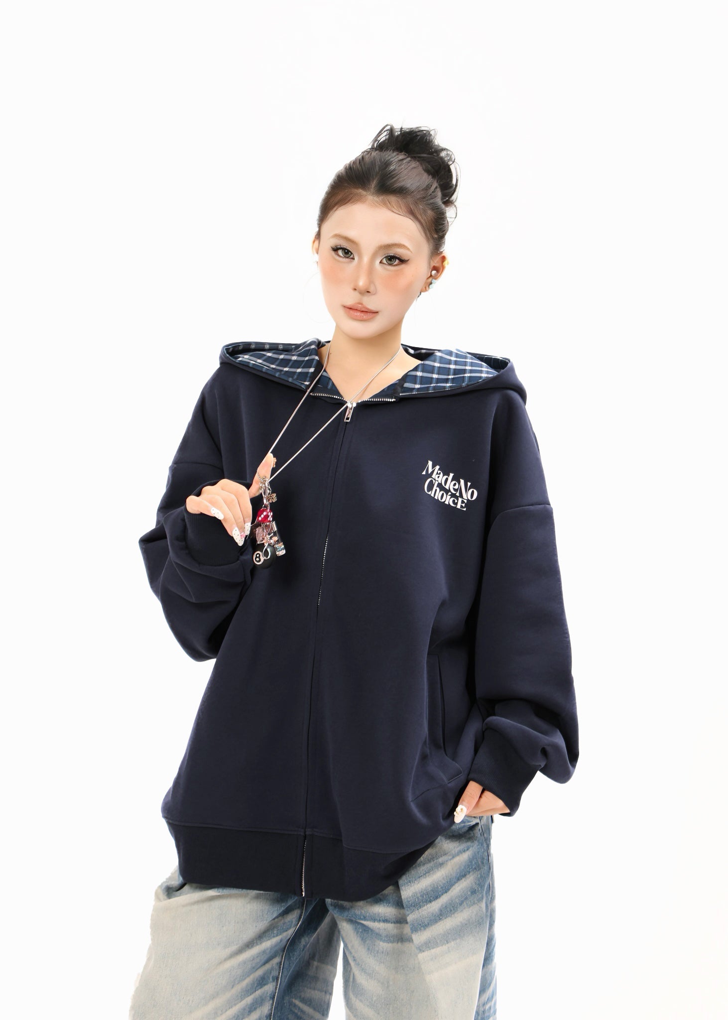Plaid-Lined Minimal Zip-Up Hoodie | MadeNoChoice