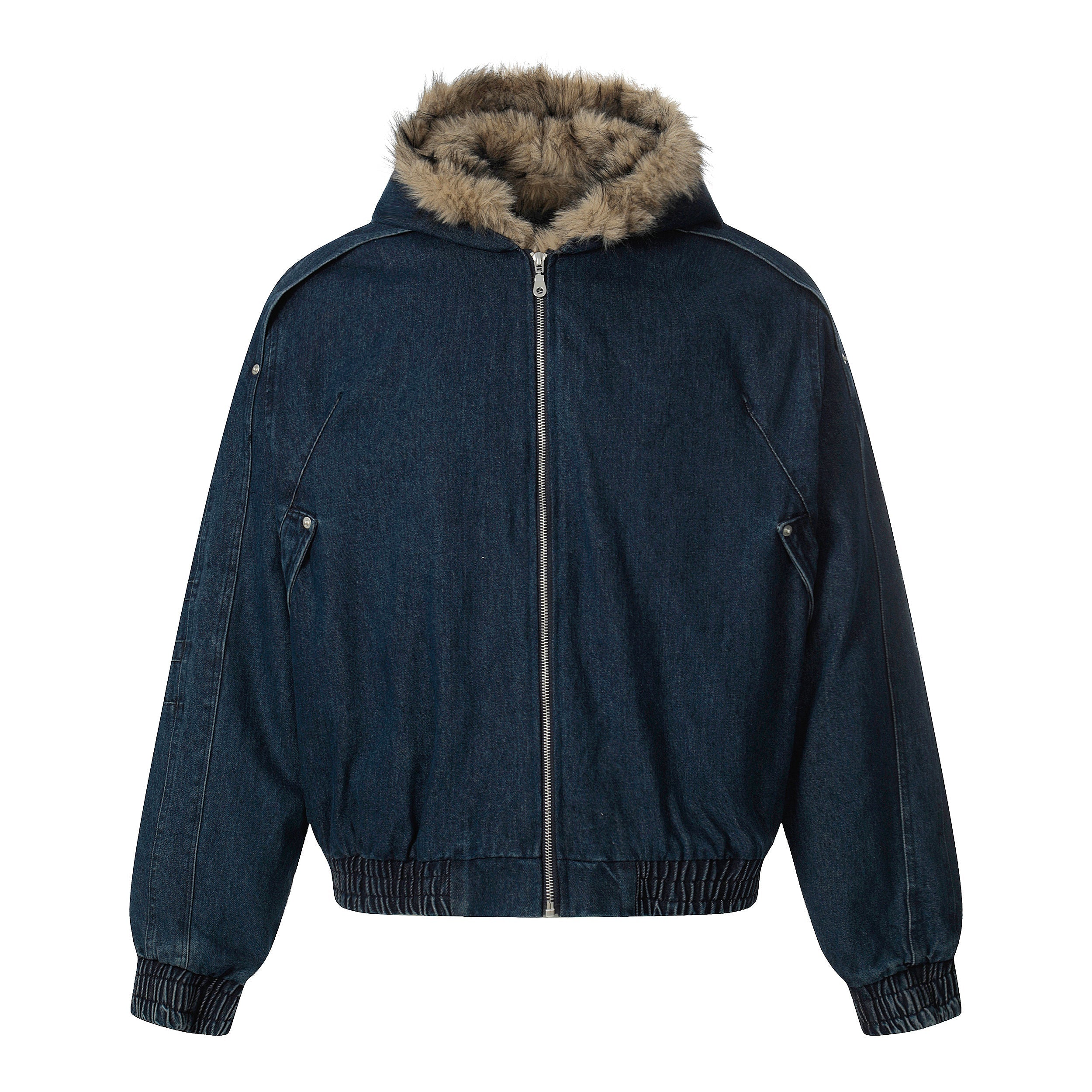 Detachable Fur-Collar Denim Bomber Jacket | Deep Indigo & Washed Black