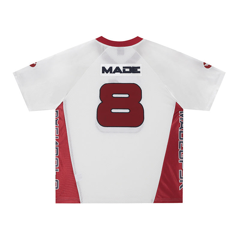 White and red performance jersey with oversized number 8, MADE branding, and side panel streetwear design