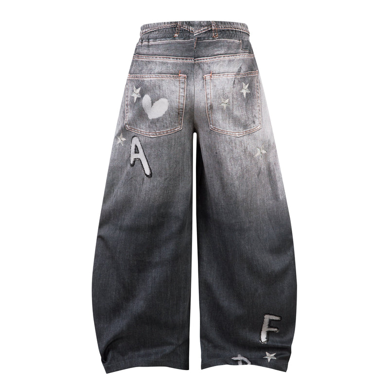 Cat Print Barrel Leg Jeans | Washed Grey Street Art Denim