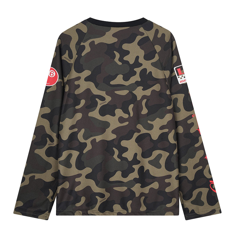 Long sleeve camo jersey front view with black crew neck and sleeve patches