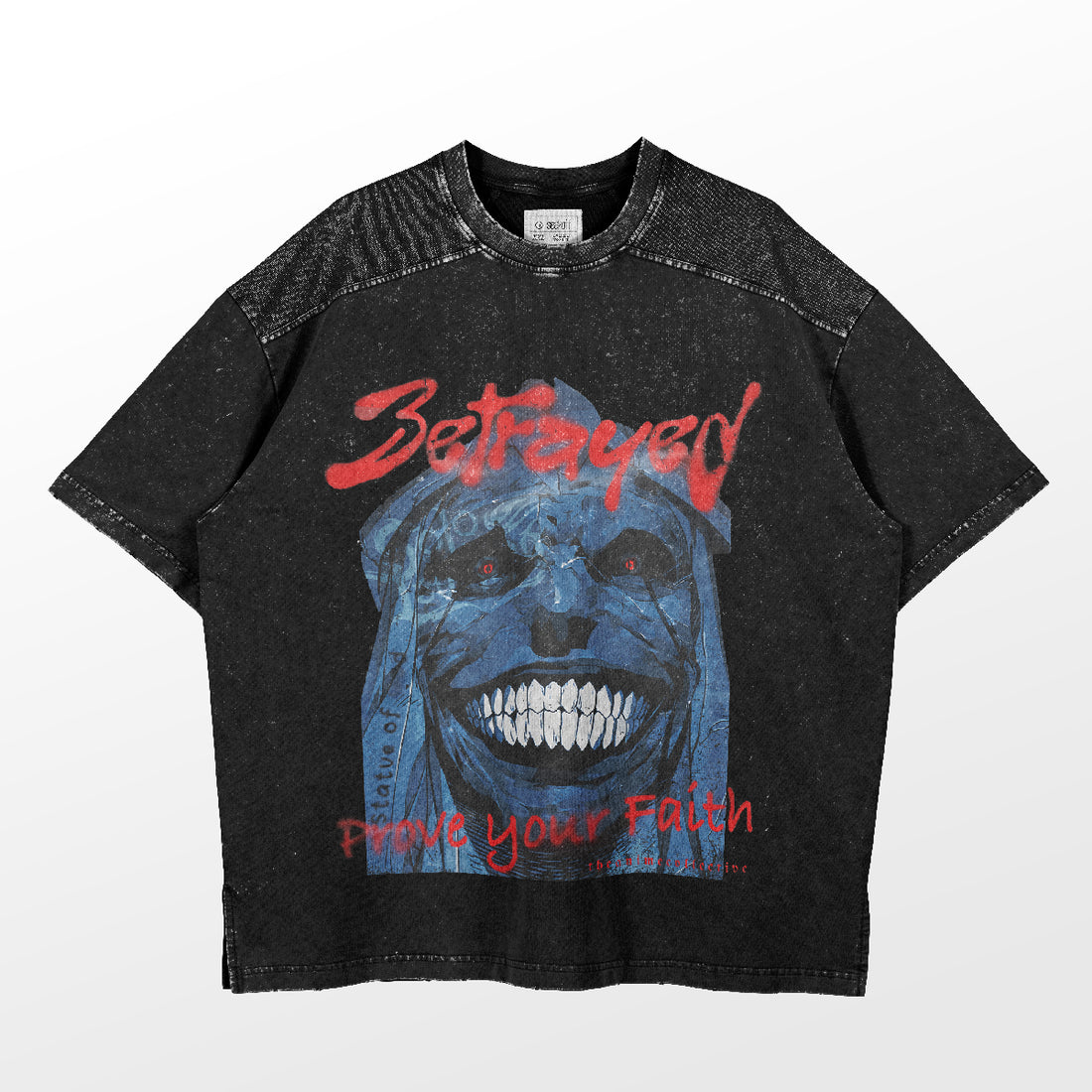 The Solo Leveling Betrayed Prove Your Faith T-Shirt features a graphic of a blue-skinned, wide-grinning face, with red text above and below. It has a vintage mineral wash texture that&