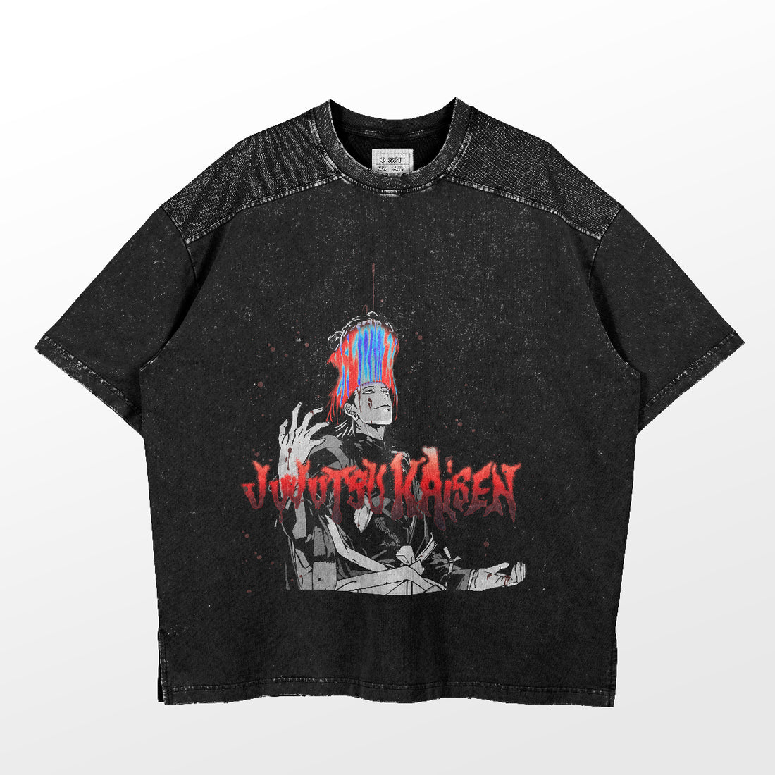 The Geto Suguru Jujutsu Kaisen Shirt by Jujutsu Kaisen highlights the character with blue and red hair holding an object, featuring stylized red text below. This black T-shirt&