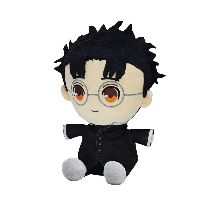 The Dandadan Anime Plush boasts large round glasses, spiky black hair, and a sleek black outfit with button details. Made with high-quality PP cotton, it features a neutral expression and sits upright, creating a unique collectible addition to any ensemble.