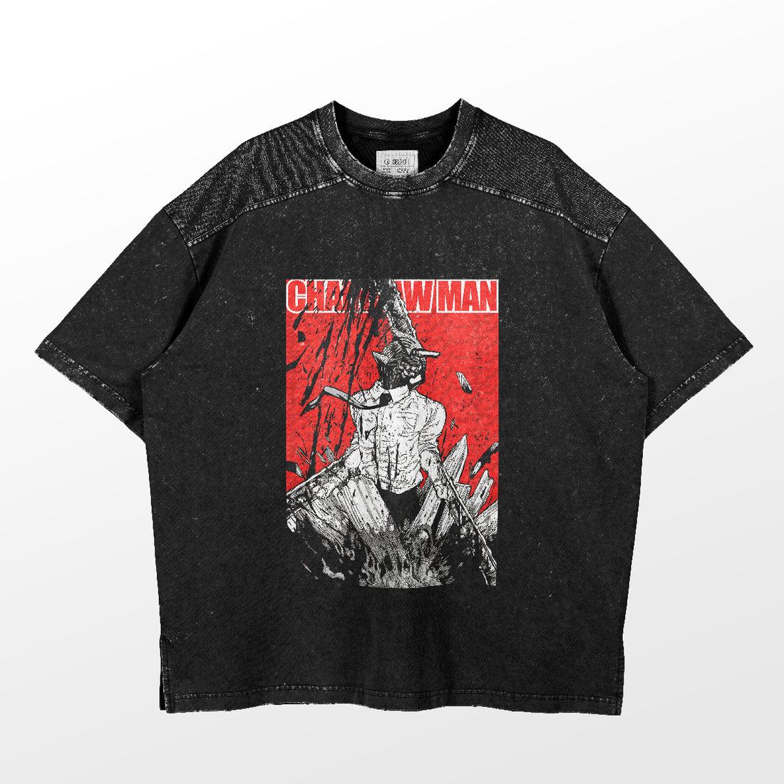 The Chainsaw Man Epic Battle T-Shirt, from the exclusive Chainsaw Man collection, features a muscular character with a chainsaw head on a red backdrop. Bold, partially obscured text reads &quot;CHAINSAW MAN.&quot; This 100% cotton anime shirt boasts a worn, textured look and dynamic design.