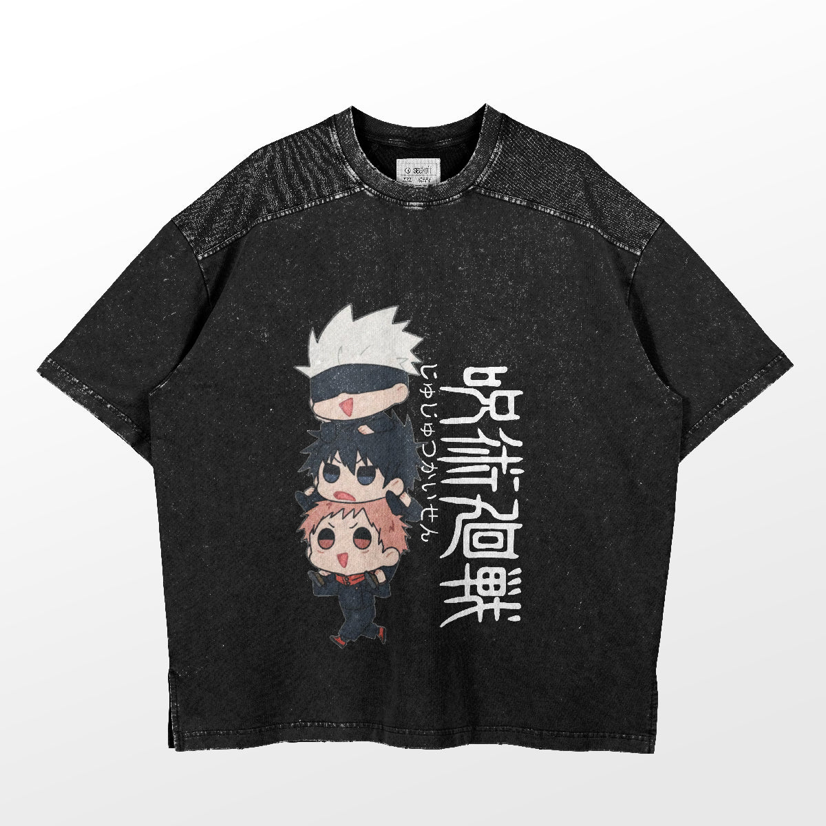 The Chibi Jujutsu Kaisen Stack T-Shirt by Jujutsu Kaisen features vertically stacked characters with large eyes and simple designs, including one with glasses and another white-haired, all set against a textured backdrop. Available in black or white with Japanese text.