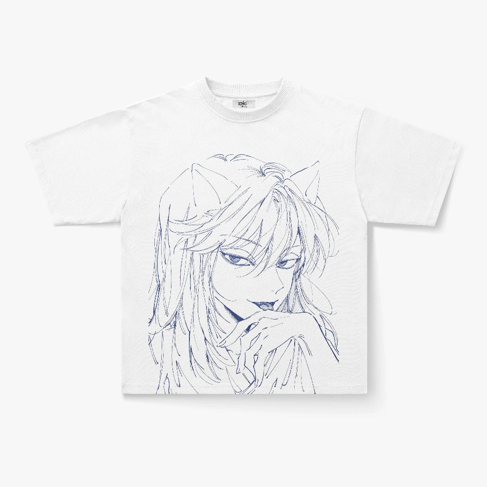 Anime Cat Girl Sketch Line Art Oversized Graphic T-Shirt in Cream
