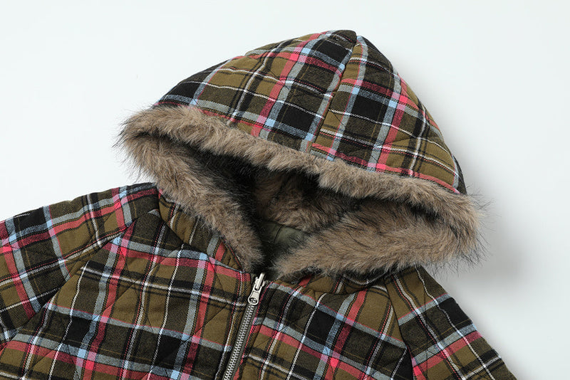 Reversible Plaid Faux Fur Hooded Bomber Jacket | Military Green