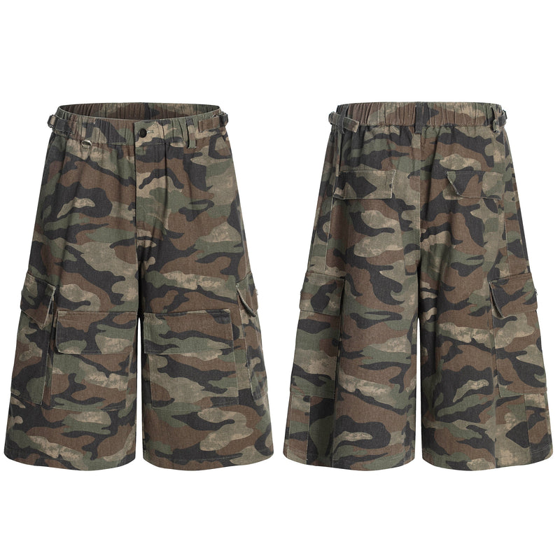 Front and back views of green brown camouflage cargo shorts with utility pockets