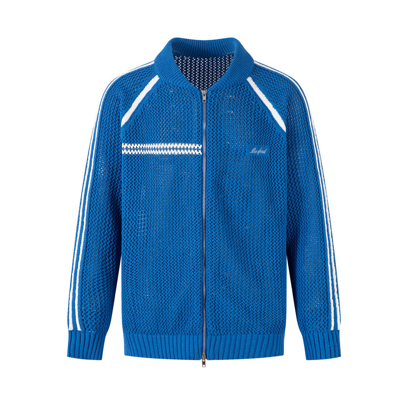 Blue mesh knit track jacket with white stripe details, front view