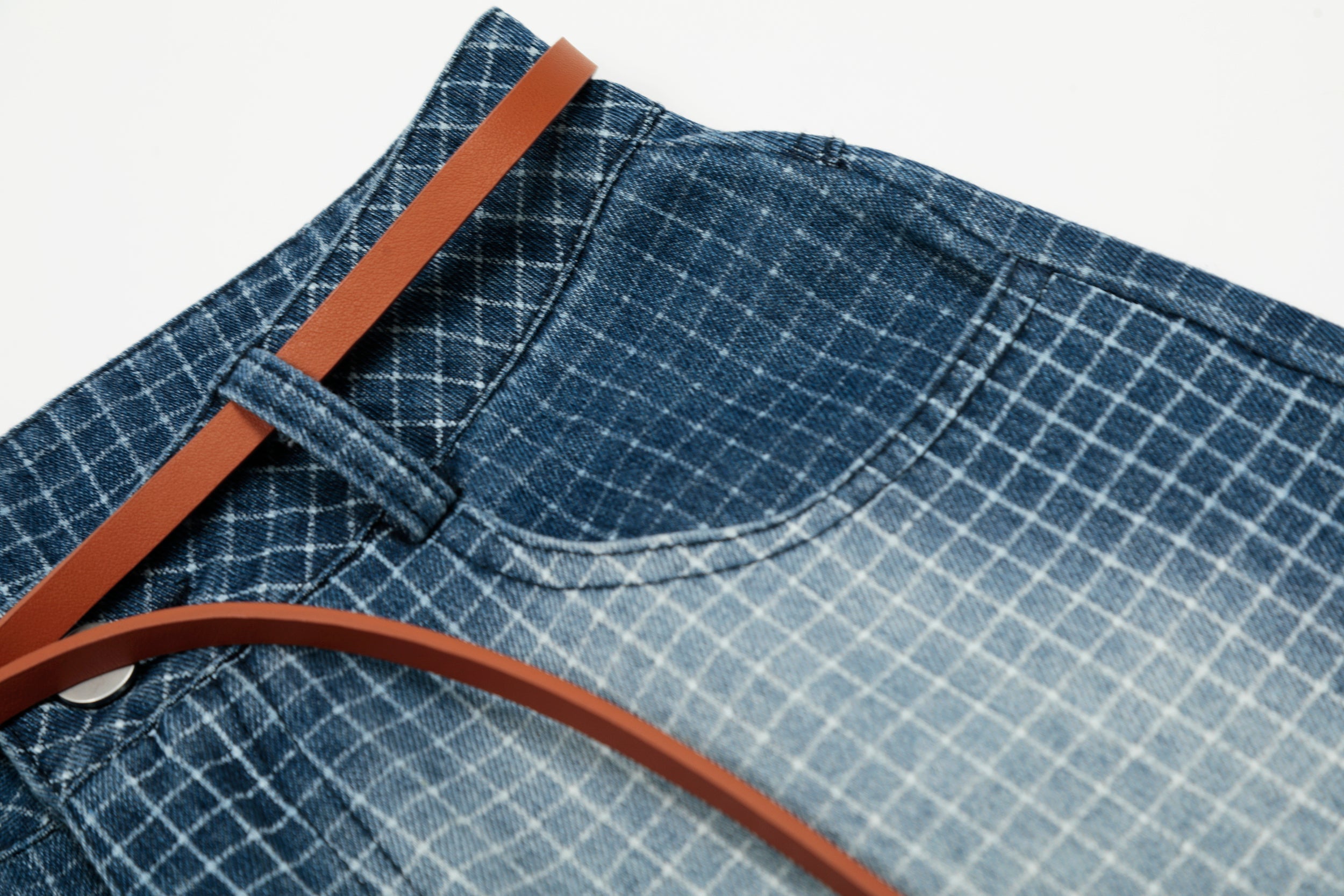 Washed Grid Denim Shorts with Belt | Wide-Leg Streetwear