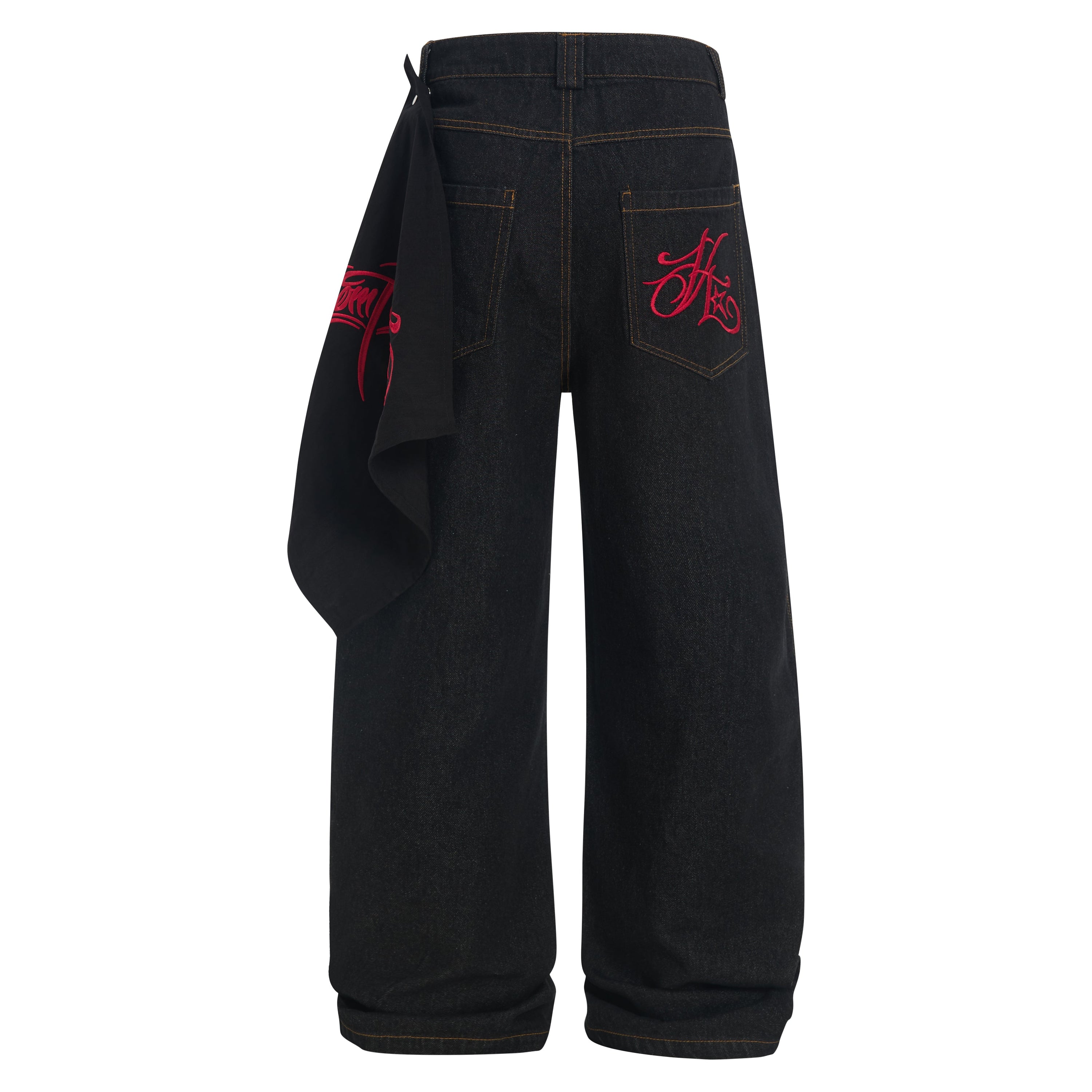 Wide-Leg Jeans with Red Embroidery & Side Drape | SEAKOFF