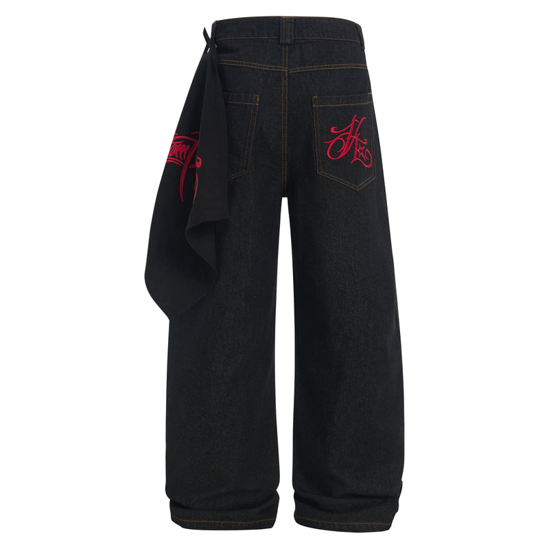 Wide-Leg Jeans with Red Embroidery & Side Drape | SEAKOFF