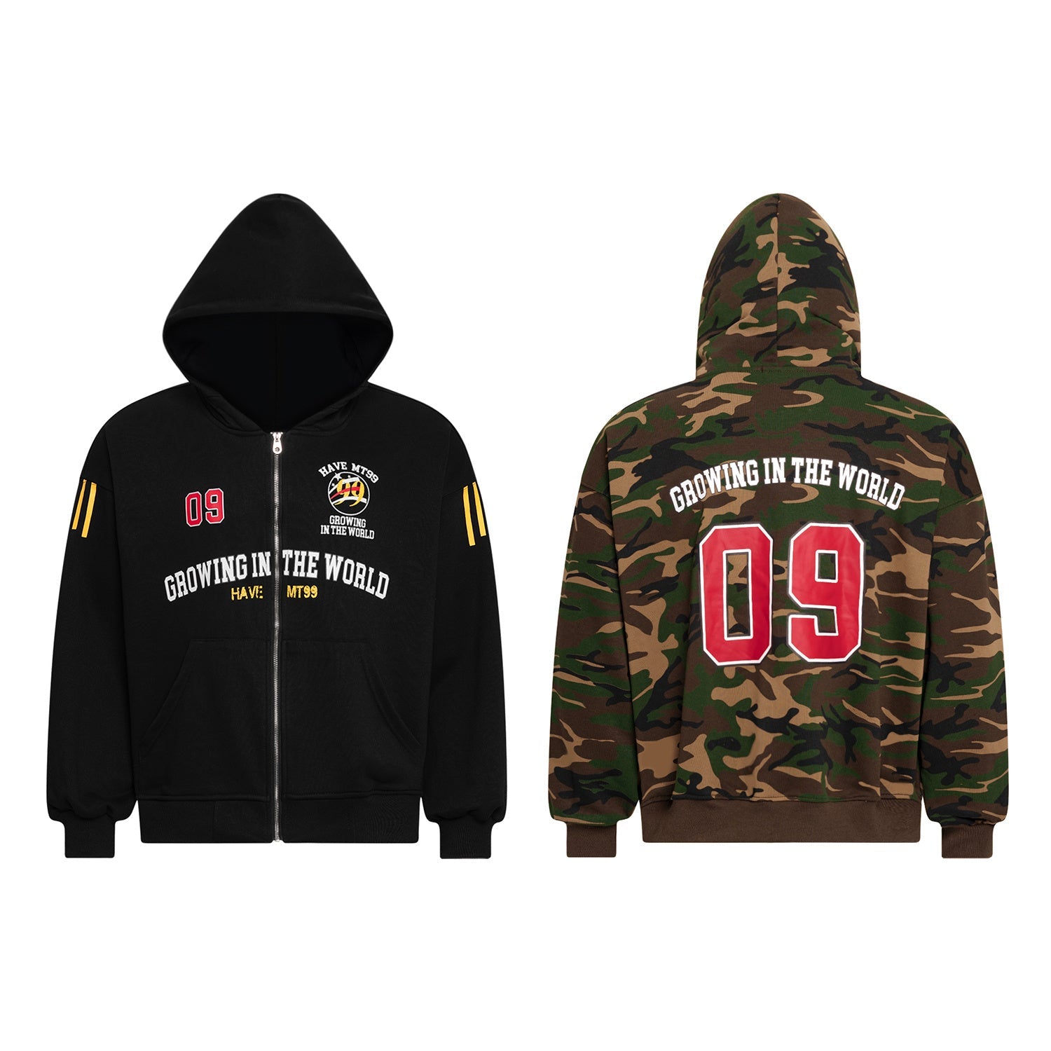 Front and back view of a black and camo split zip-up hoodie with varsity 09 embroidery and Growing in the World graphic