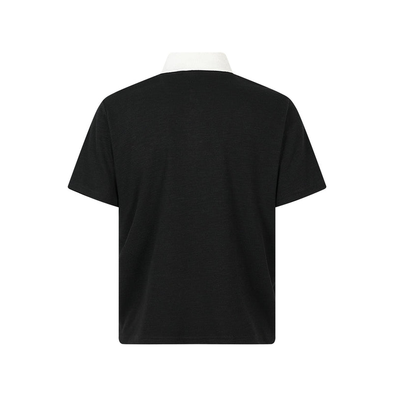Black short-sleeve polo shirt with a white collar, shown from the back on a clean white background