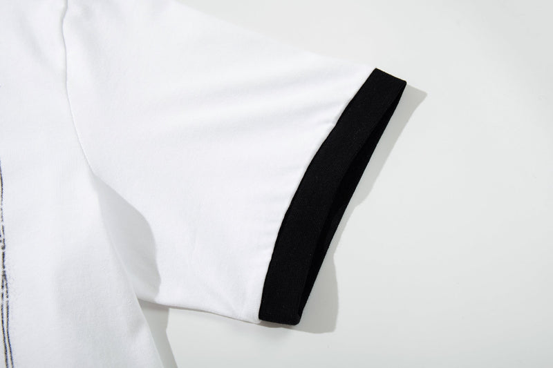 White ringer T-shirt sleeve with black trim on a clean light background