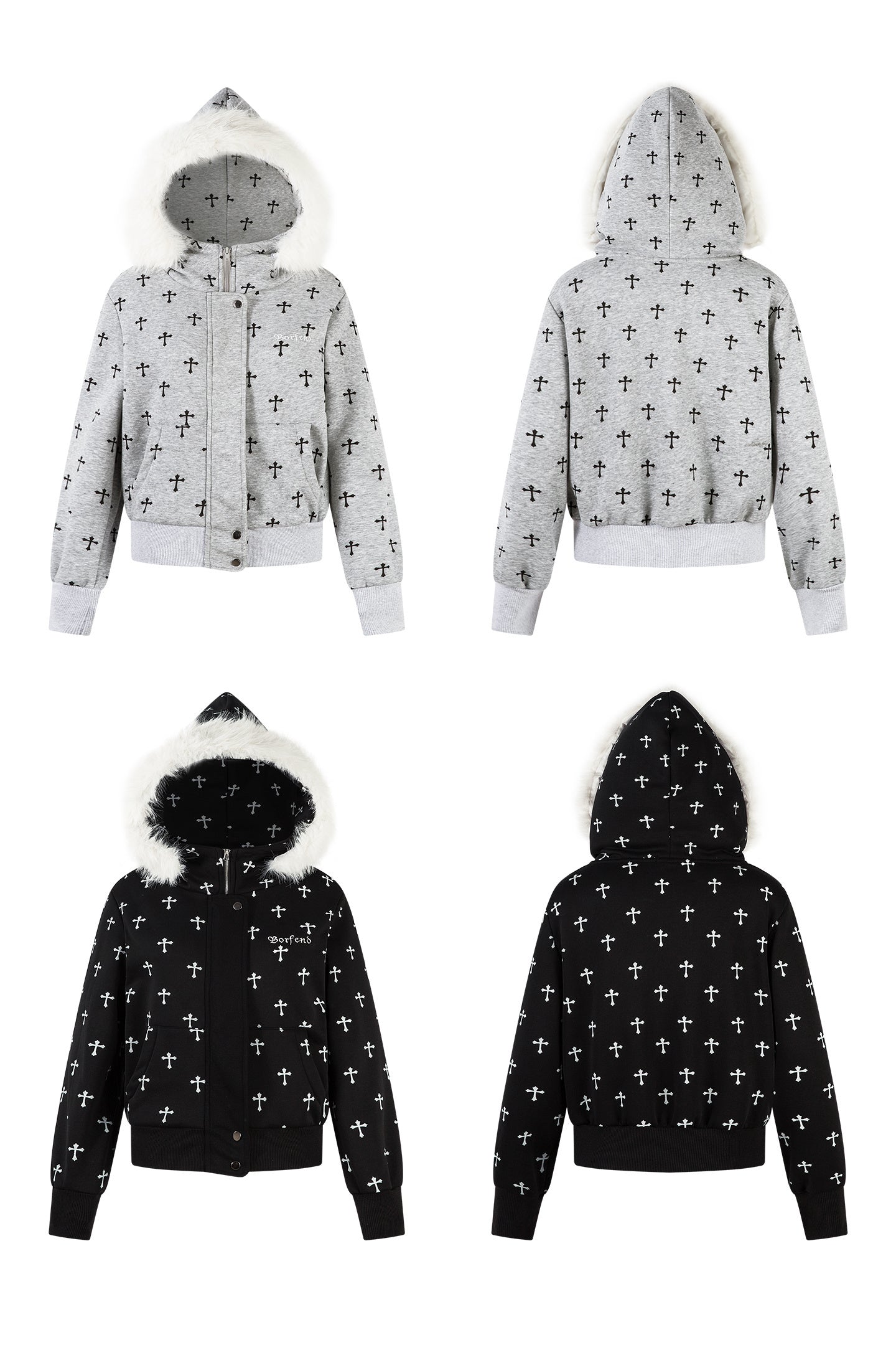 Gothic Cross Print Faux Fur Hooded Bomber Jacket
