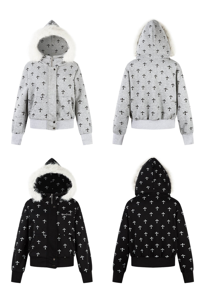 Four views of the cross print faux fur hooded bomber jacket in gray and black