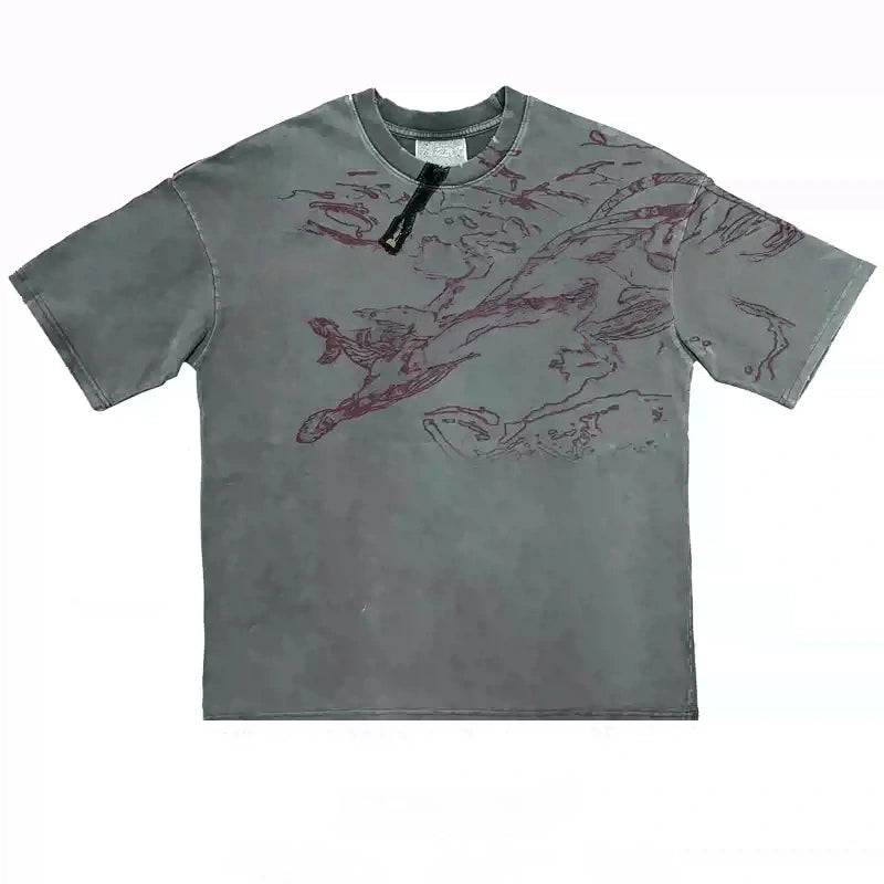 Acid Wash Grey Dark Figure Sketch Oversized Graphic T-Shirt