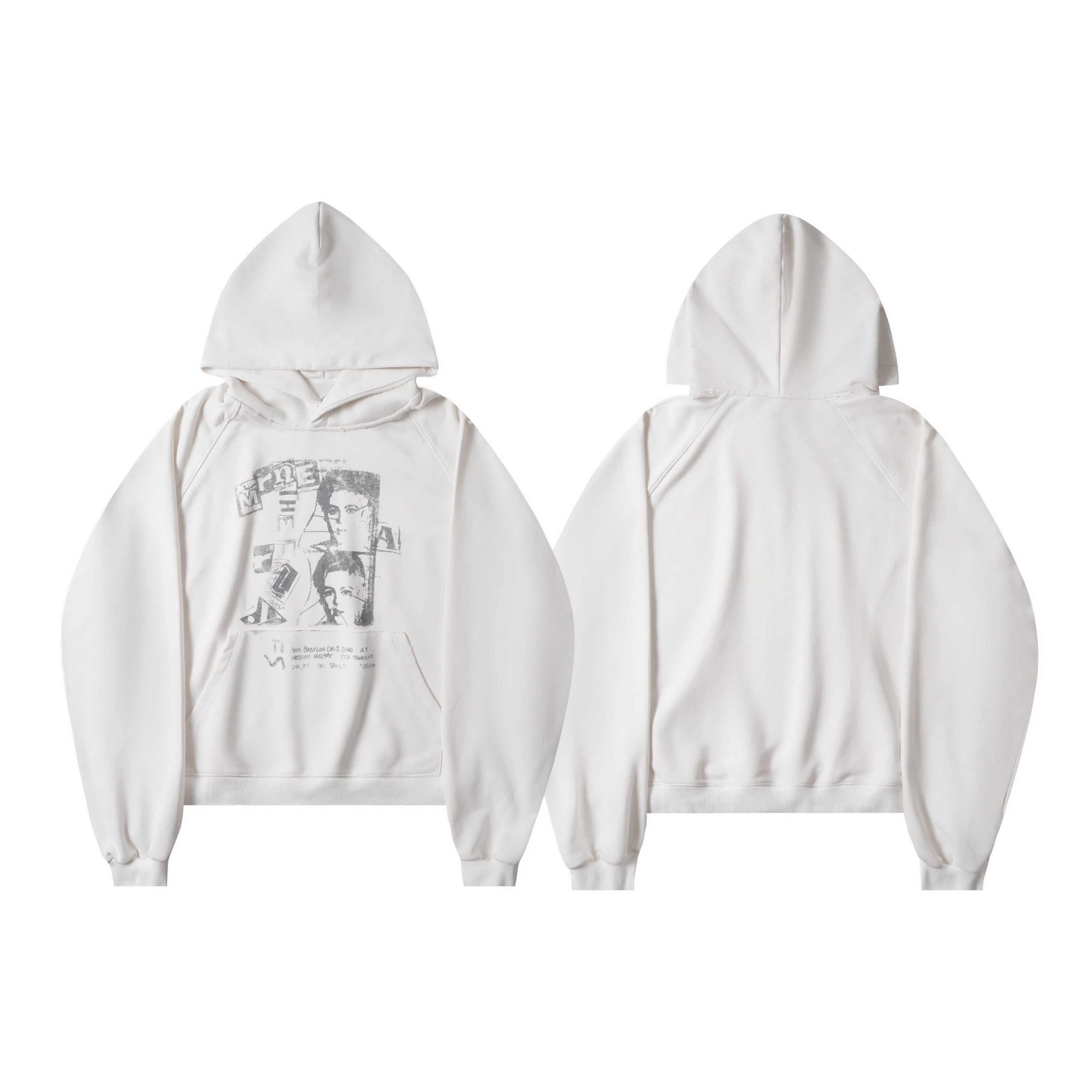 Off-white pullover hoodie with distressed collage portrait graphic print on the front, front and back view