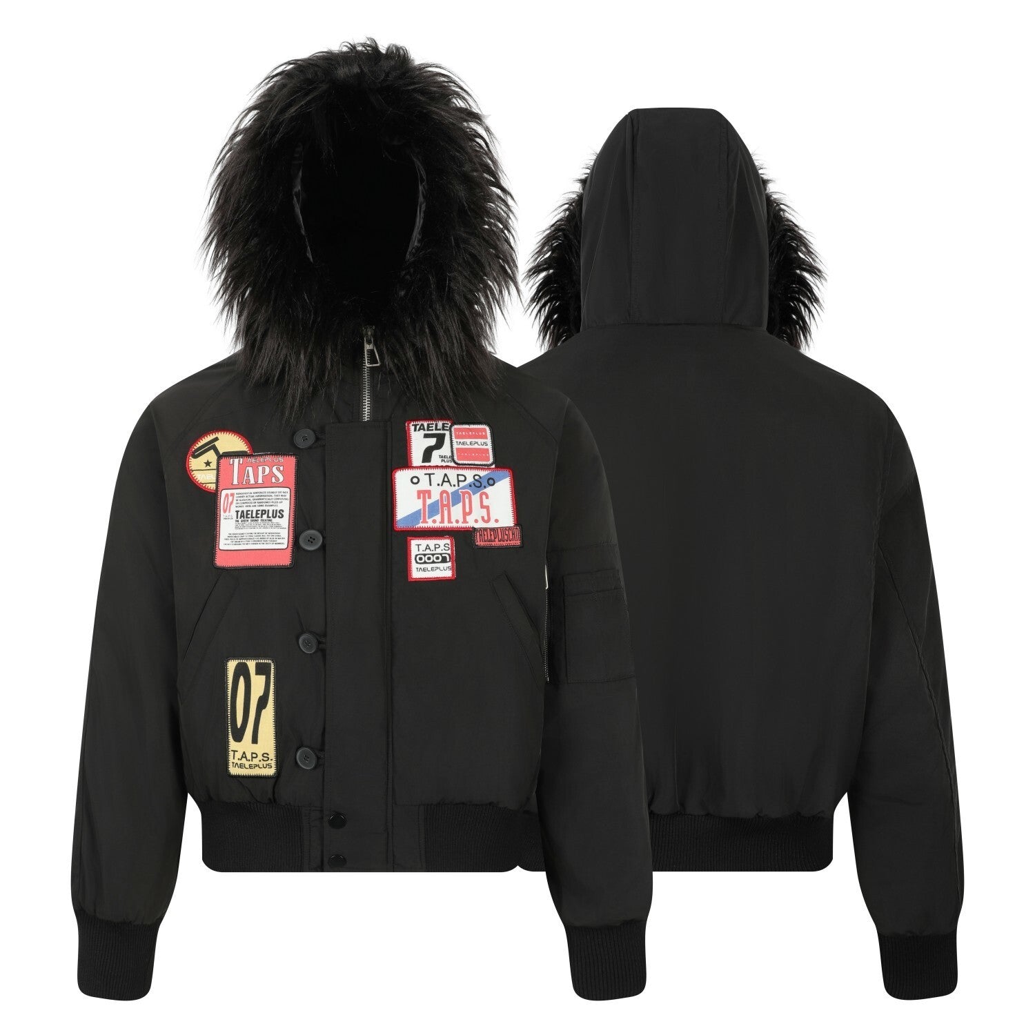 Faux Fur Hooded Bomber Jacket with Badge Patches | SEAKOFF