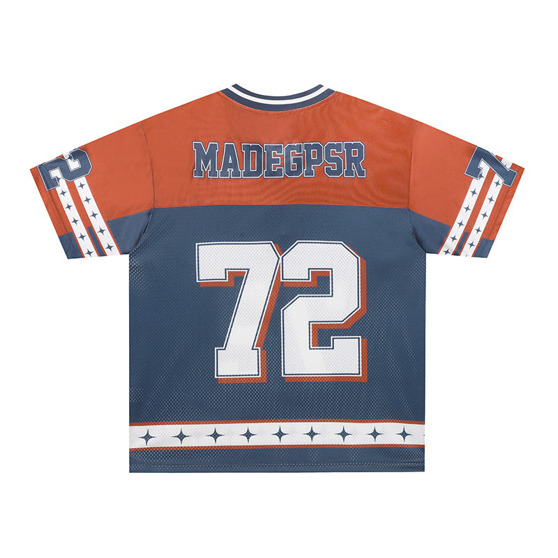 Orange and navy varsity football jersey with large 72 print and star stripe sleeve details on mesh fabric