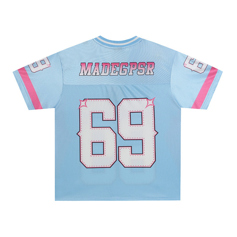 Y2K Football Jersey | Baby Blue & Pink Streetwear Mesh Top
