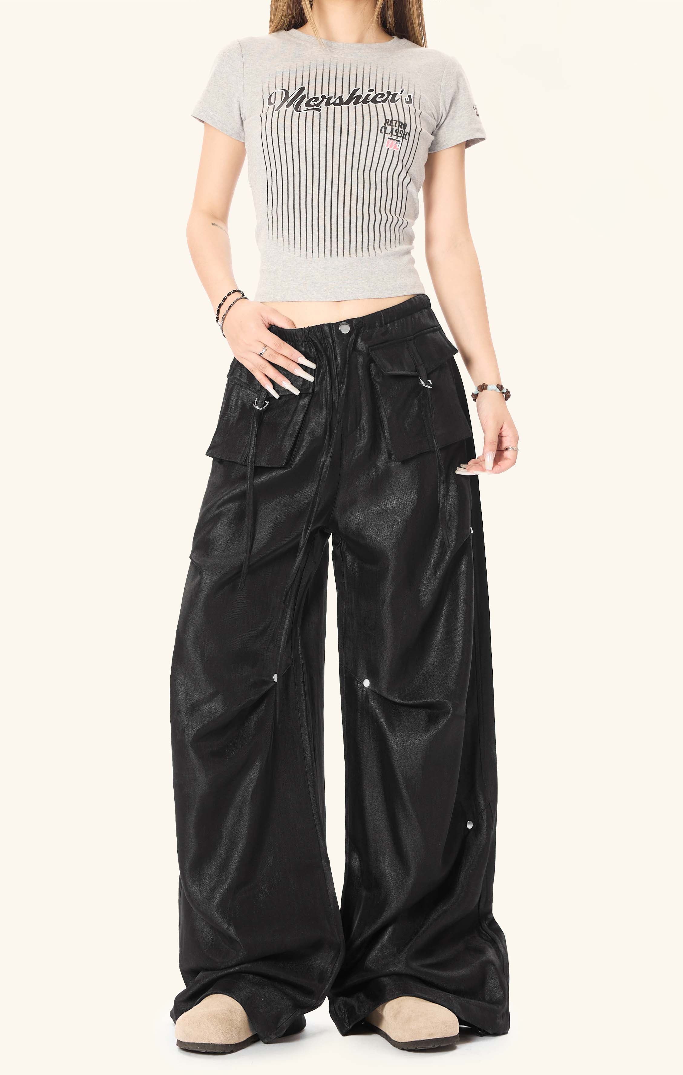 Omirad Glossy Utility Cargo Pants | Wide Leg Barrel Fit