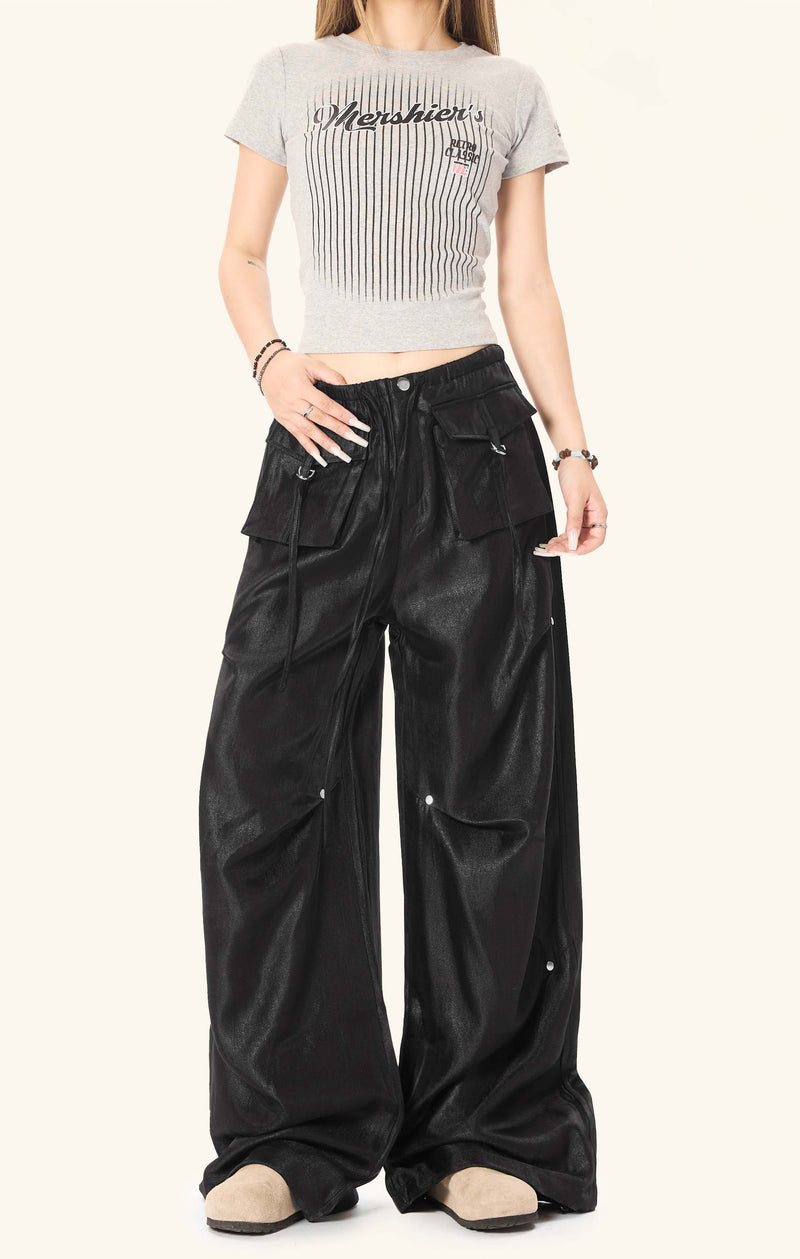 Omirad Glossy Utility Cargo Pants | Wide Leg Barrel Fit