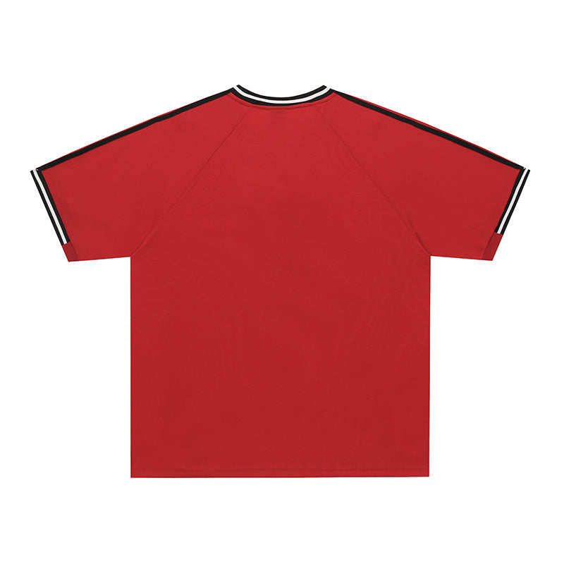 Red short-sleeve football jersey with black-and-white striped trim, shown flat on a clean white background