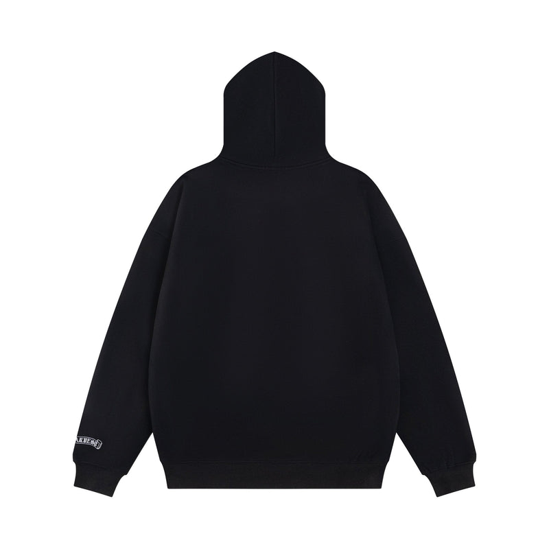 Black pullover hoodie back view with plain hood and sleeves