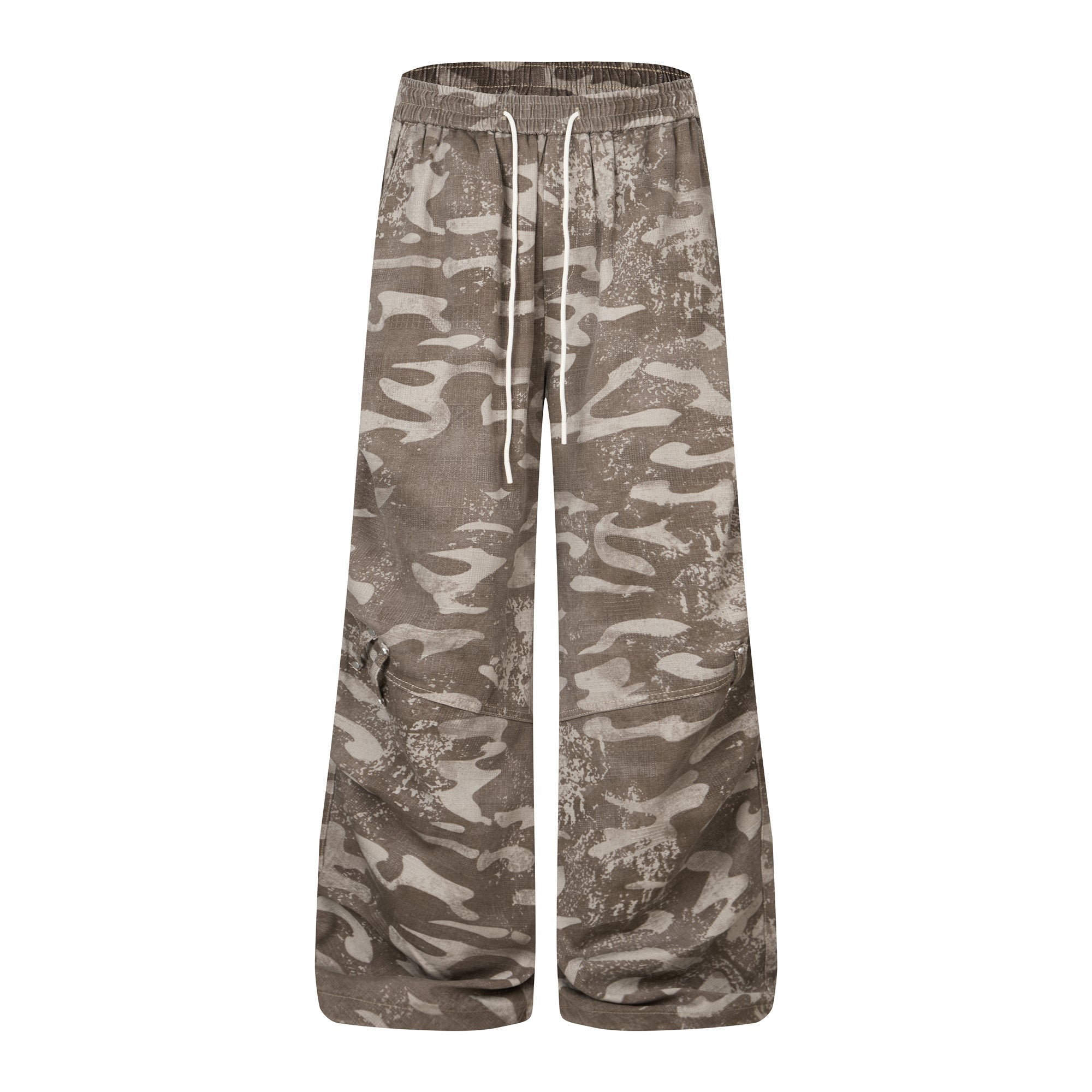Front view of wide-leg camouflage sweatpants in olive and sand tones with drawstring waist and cargo pocket detail
