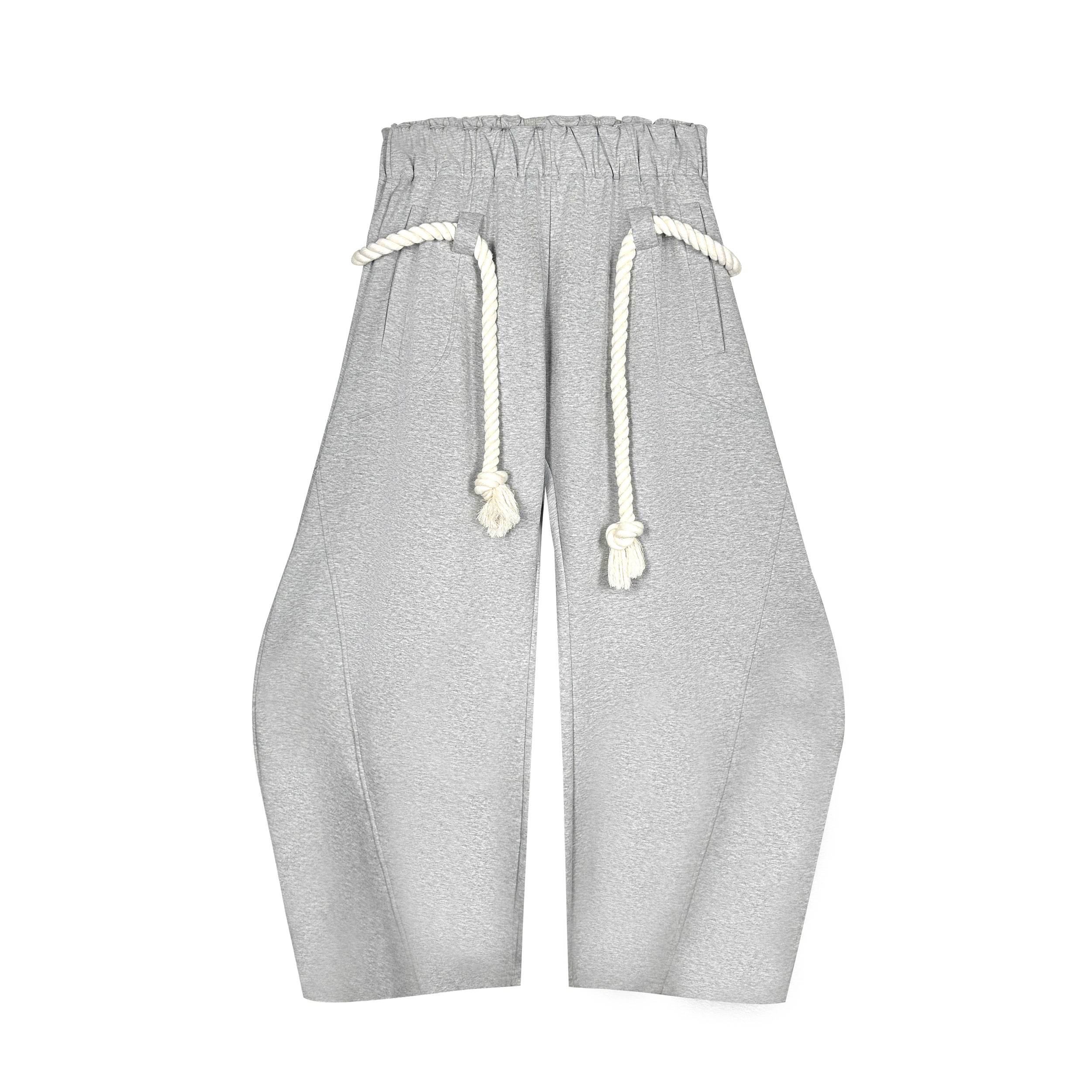Heather grey sculpted wide-leg sweatpants with oversized white rope drawstrings and high-rise elastic waistband, flat lay vie