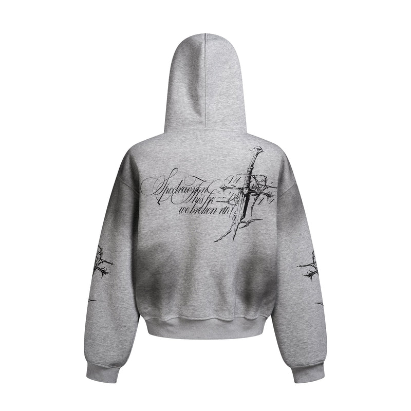 Back view of gray hooded sweatshirt with black gothic cross print across the shoulders