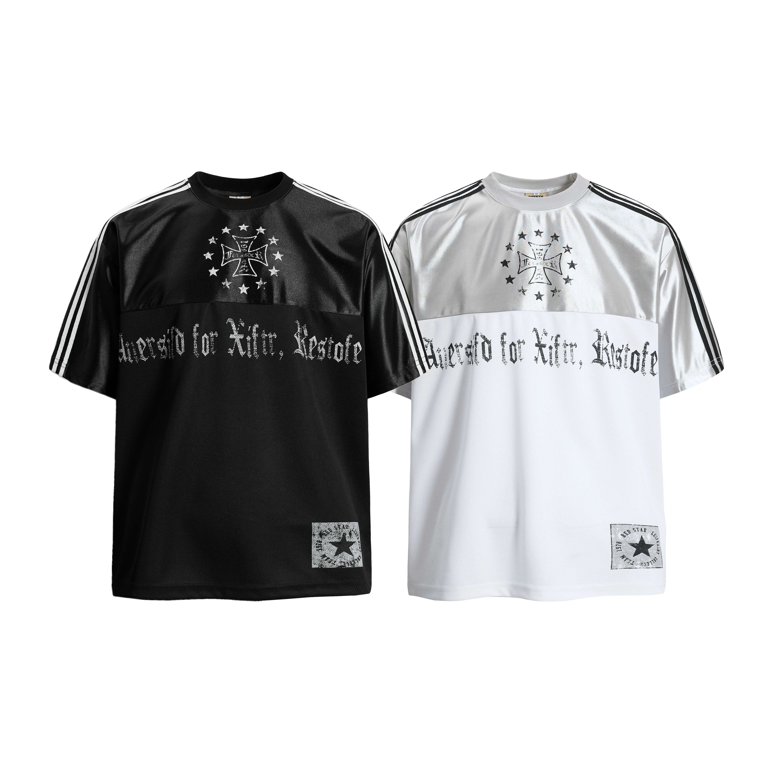 Omirad Aversio Mesh Sport Tee in black and white, showing gothic cross chest print, star patch, and stripe sleeves