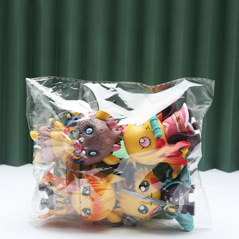 A transparent plastic bag displays a vibrant anime collection of cosplay figures against a green curtain, featuring the 9cm Demon Slayer Pikachu 4-Piece Set for an extra touch of whimsy.