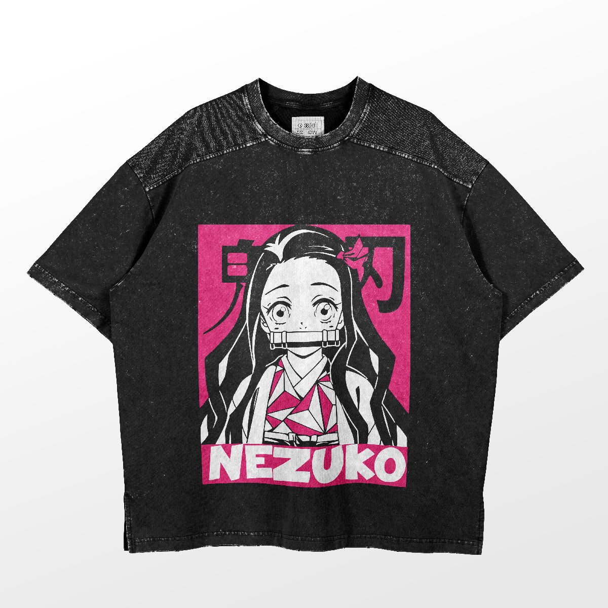 A black T-shirt from Demon Slayer featuring a pink and white Pop Art illustration of Nezuko Kamado with long hair and a mouth cover, along with Japanese text and &quot;Nezuko&quot; in bold pink letters.