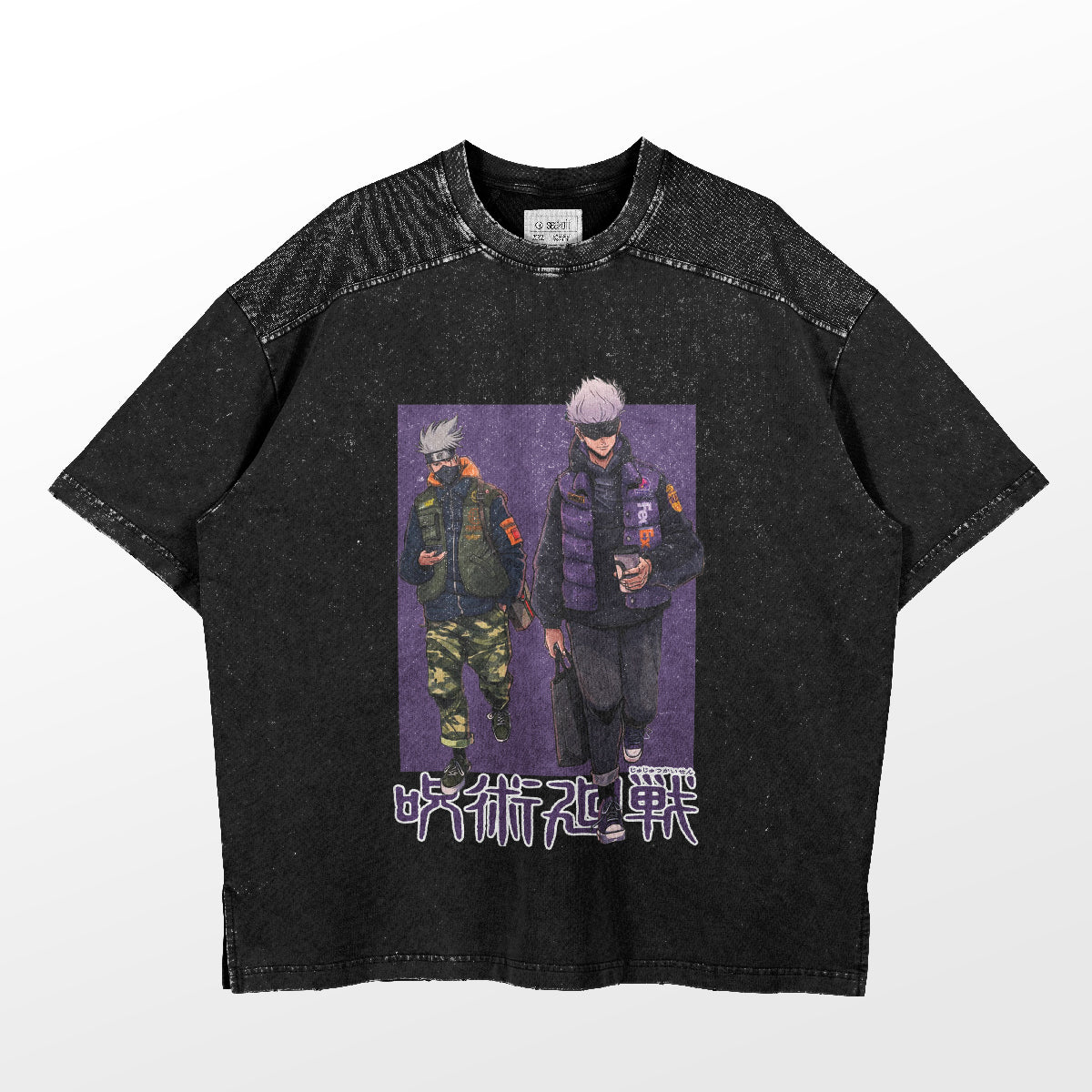 The Gojo Satoru and Kakashi Crossover Shirt by Jujutsu Kaisen features an anime design of two characters, one in green tactical gear and the other in a dark jacket with sunglasses, complemented by Japanese text—perfect for fans seeking stylish anime apparel.