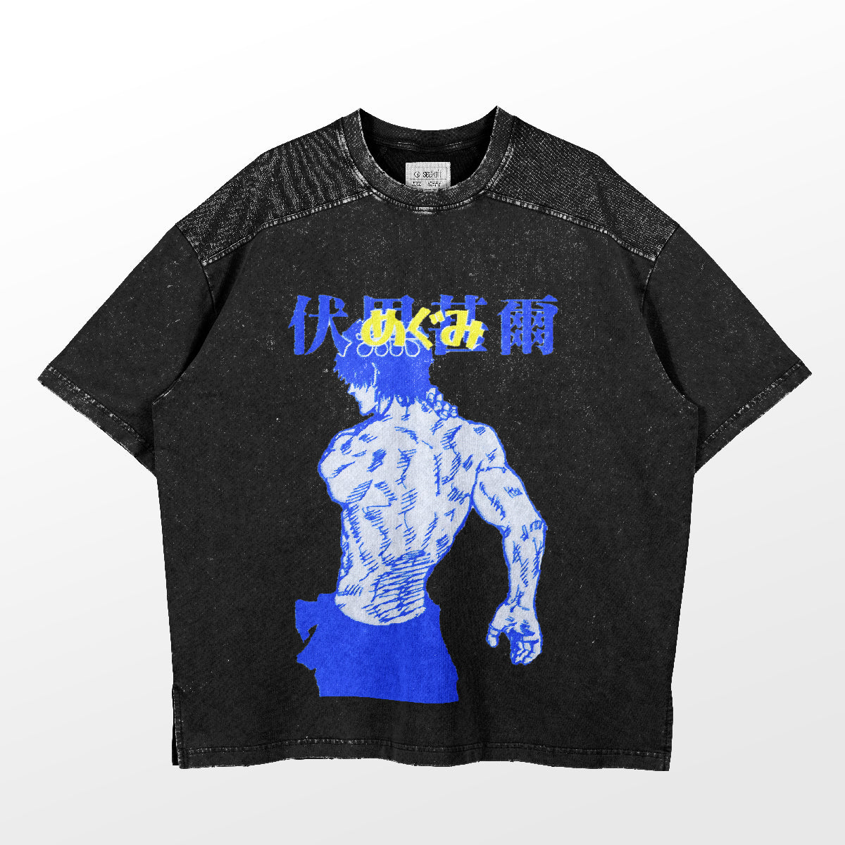 The Fushiguro Toji Blue Outline Jujutsu Kaisen T-Shirt features a black design with a muscular figure inspired by the series, in blue. It includes shimmering blue and yellow Japanese characters, a speckled pattern, and textured shoulders—ideal for anime apparel enthusiasts.