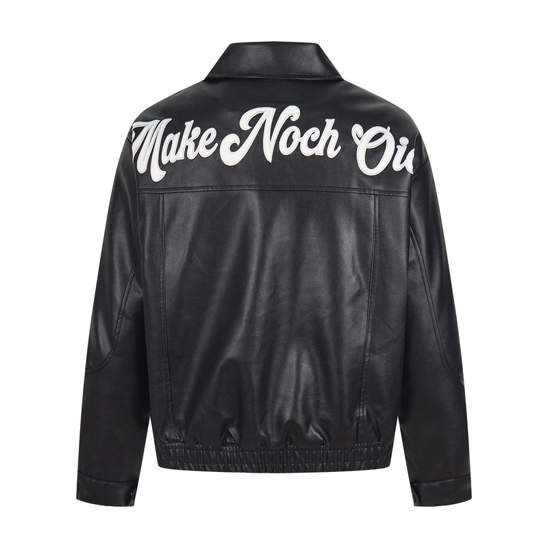 Omirad Vintage Lettering PU Leather Bomber Jacket