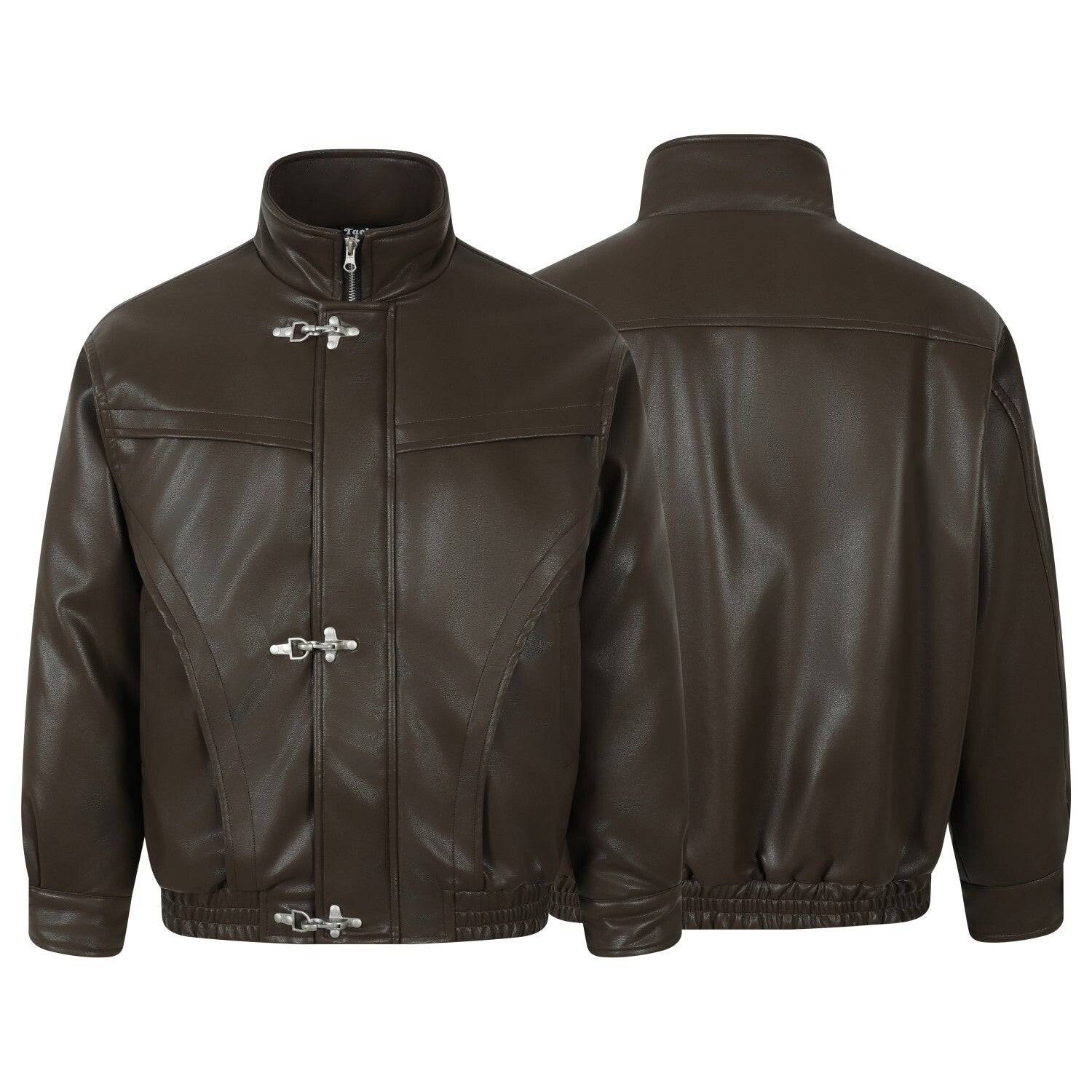 Dark brown PU bomber jacket with silver fireman clasps, high neck collar and panel seaming, shown front and back