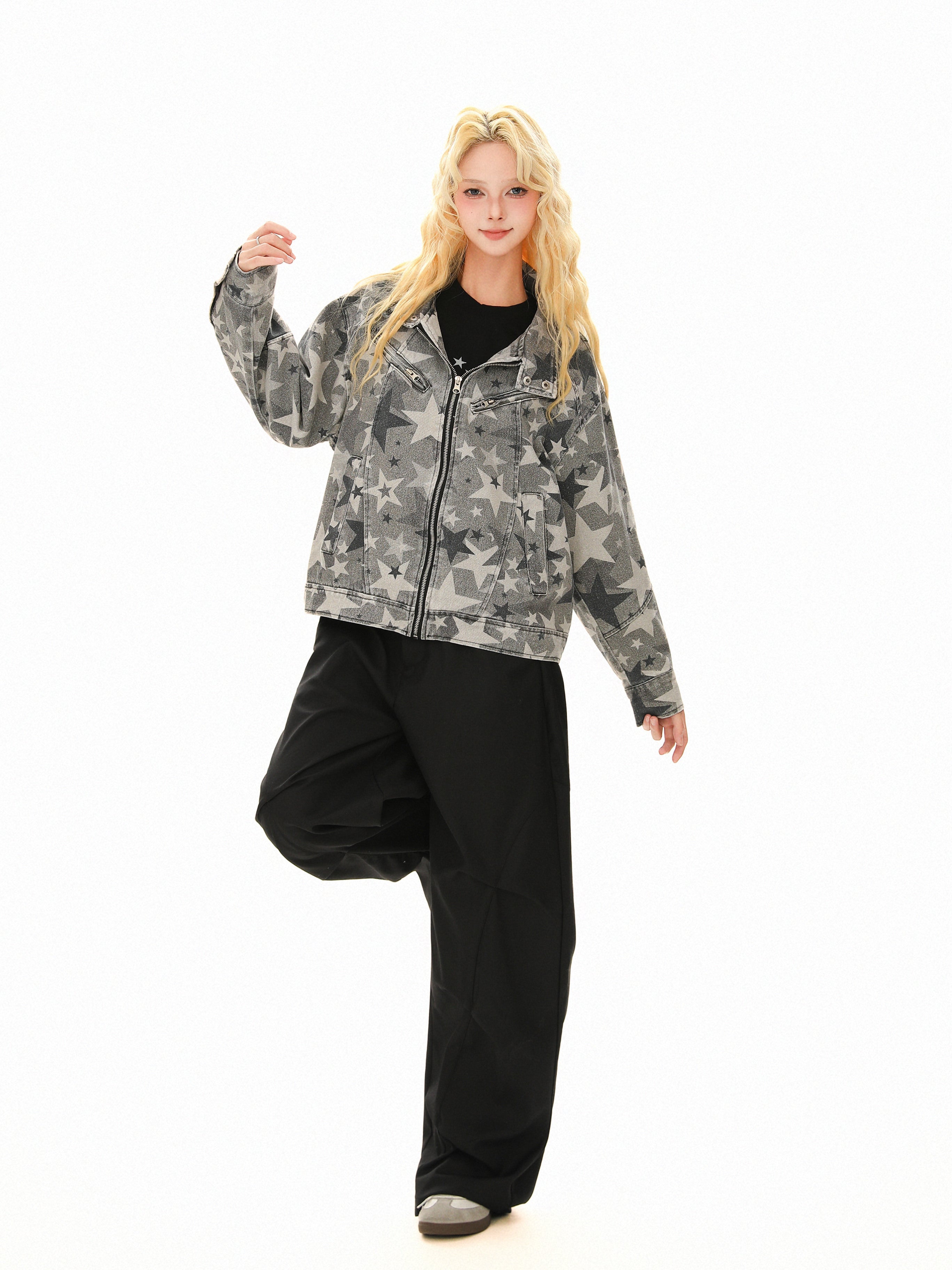 Omirad All-Over Star Print Washed Denim Jacket | Grayscale