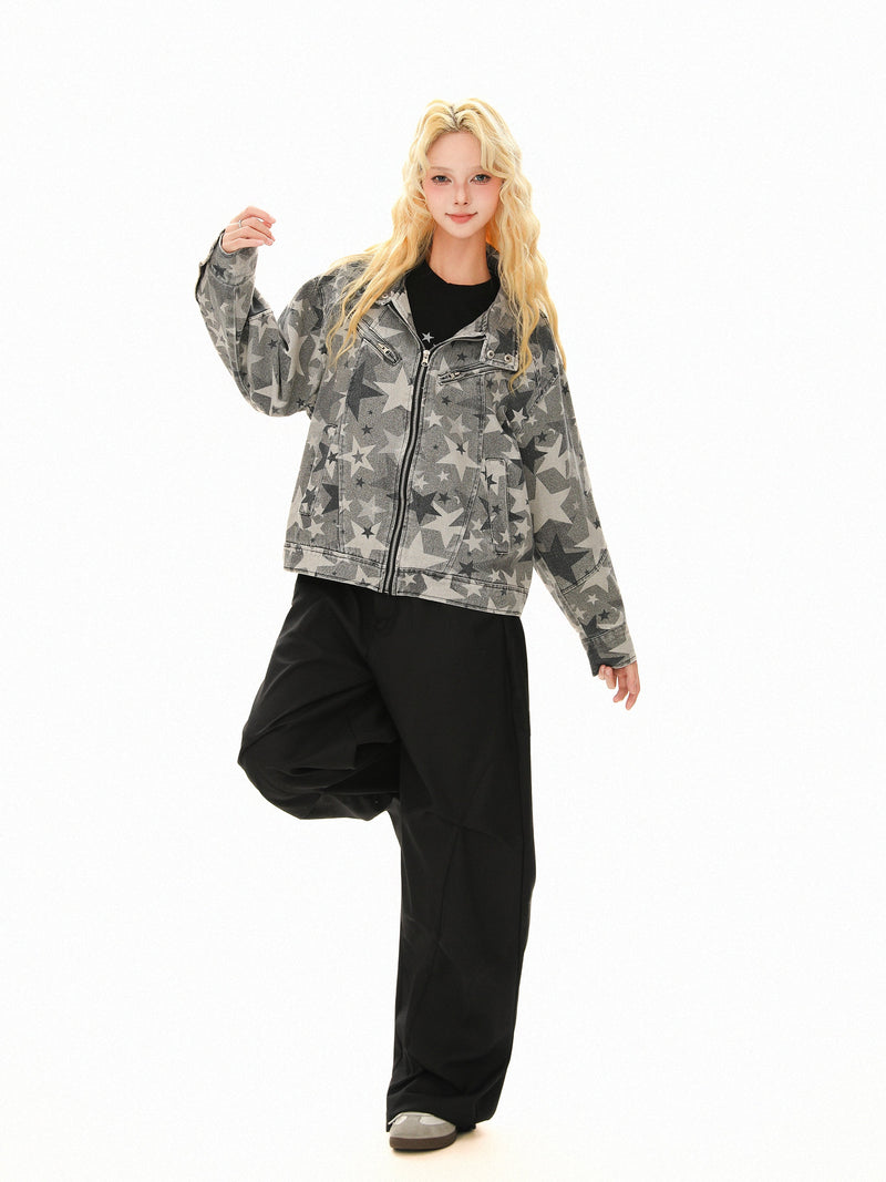 Omirad All-Over Star Print Washed Denim Jacket | Grayscale